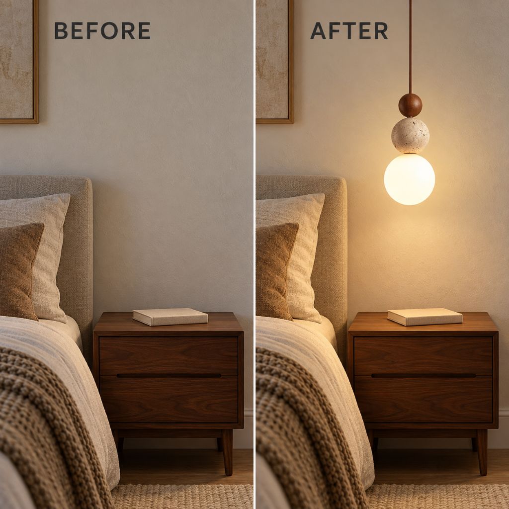 Travertine and Wood Globe Pendant Light with E27 LED Bulb