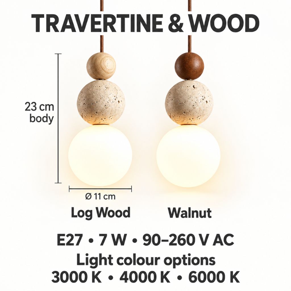Travertine and Wood Globe Pendant Light with E27 LED Bulb