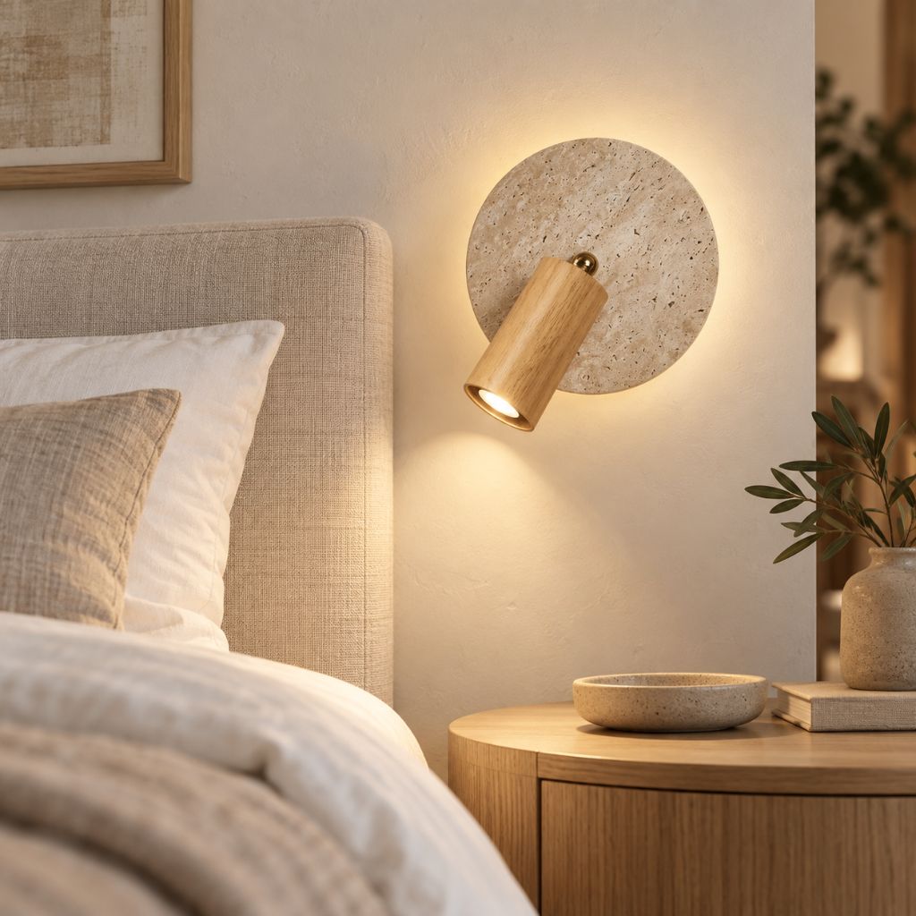 Travertine Disc Wall Light with Adjustable Wood Spotlight