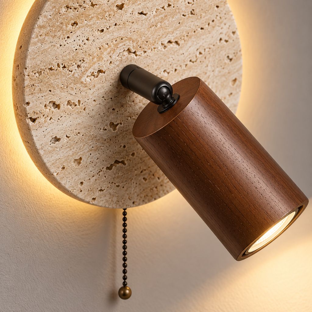 Travertine Disc Wall Light with Adjustable Wood Spotlight