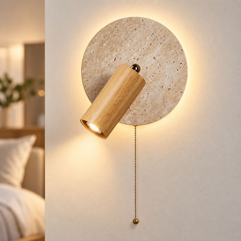 Travertine Disc Wall Light with Adjustable Wood Spotlight