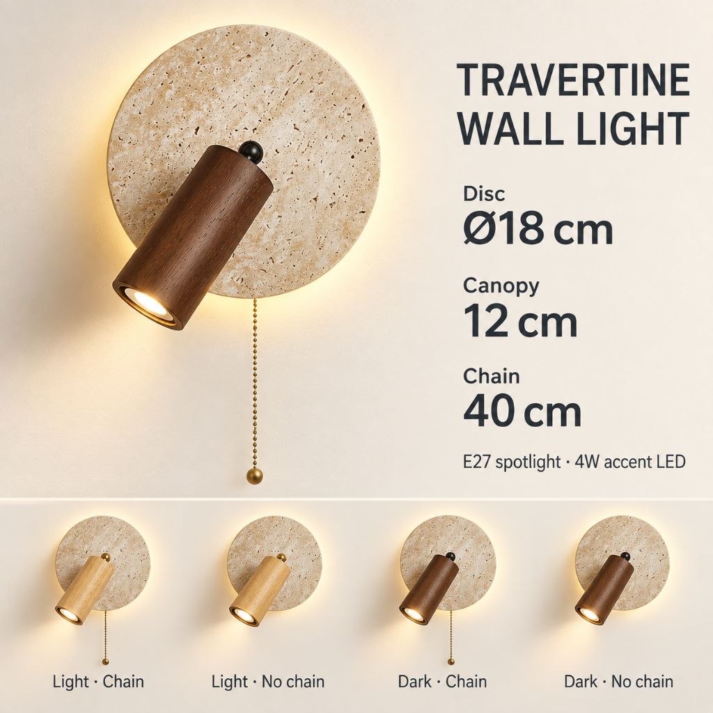 Travertine Disc Wall Light with Adjustable Wood Spotlight