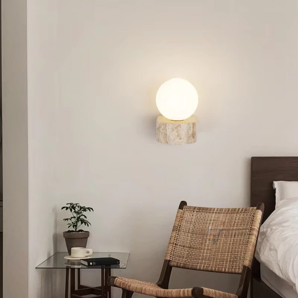 Travertine Stone Bedside Globe Wall Sconce Japanese Wabi Sabi - Lattea Global