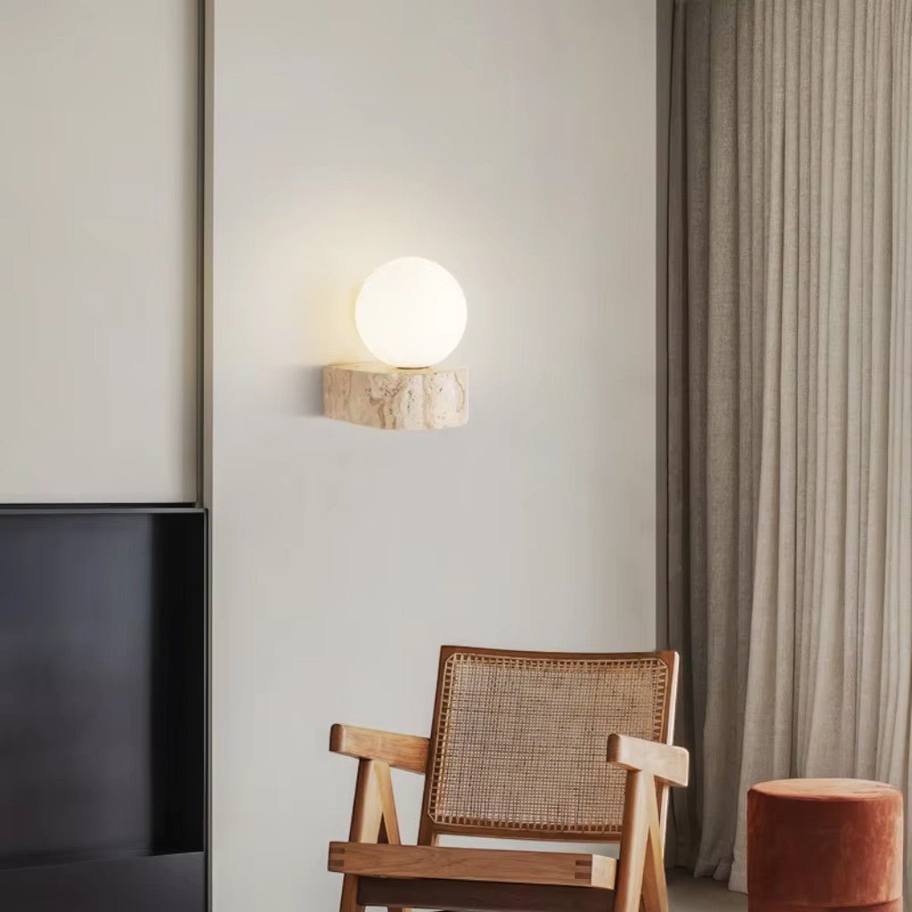 Travertine Stone Bedside Globe Wall Sconce Japanese Wabi Sabi - Lattea Global