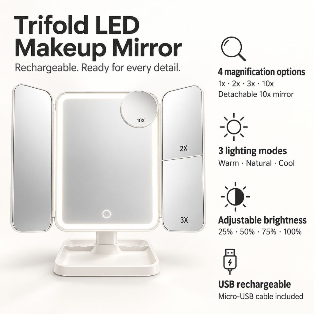 Trifold Lighted Makeup Magnifying Mirror Rechargeable