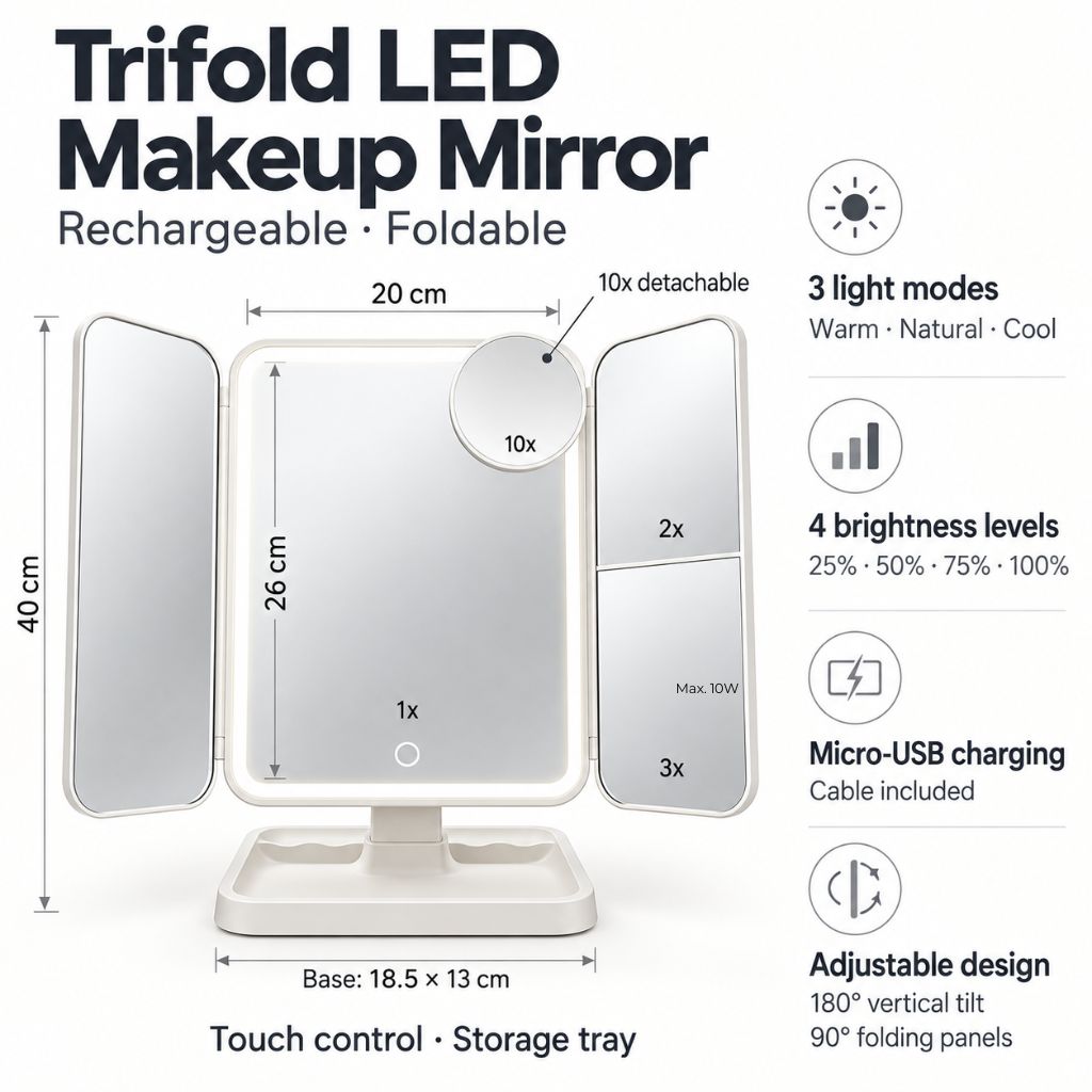 Trifold Lighted Makeup Magnifying Mirror Rechargeable