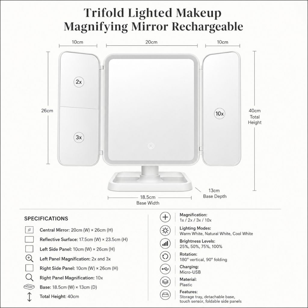 Trifold Lighted Makeup Magnifying Mirror Rechargeable