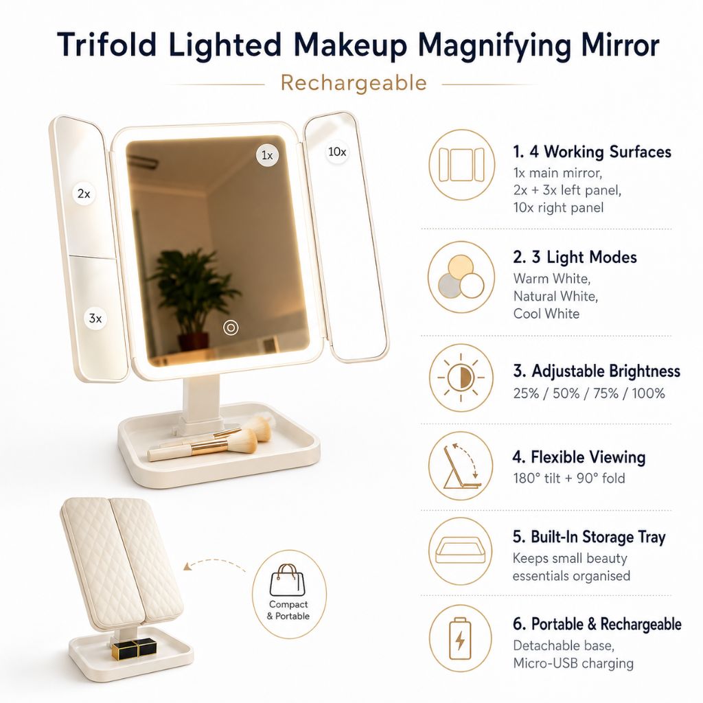 Trifold Lighted Makeup Magnifying Mirror Rechargeable