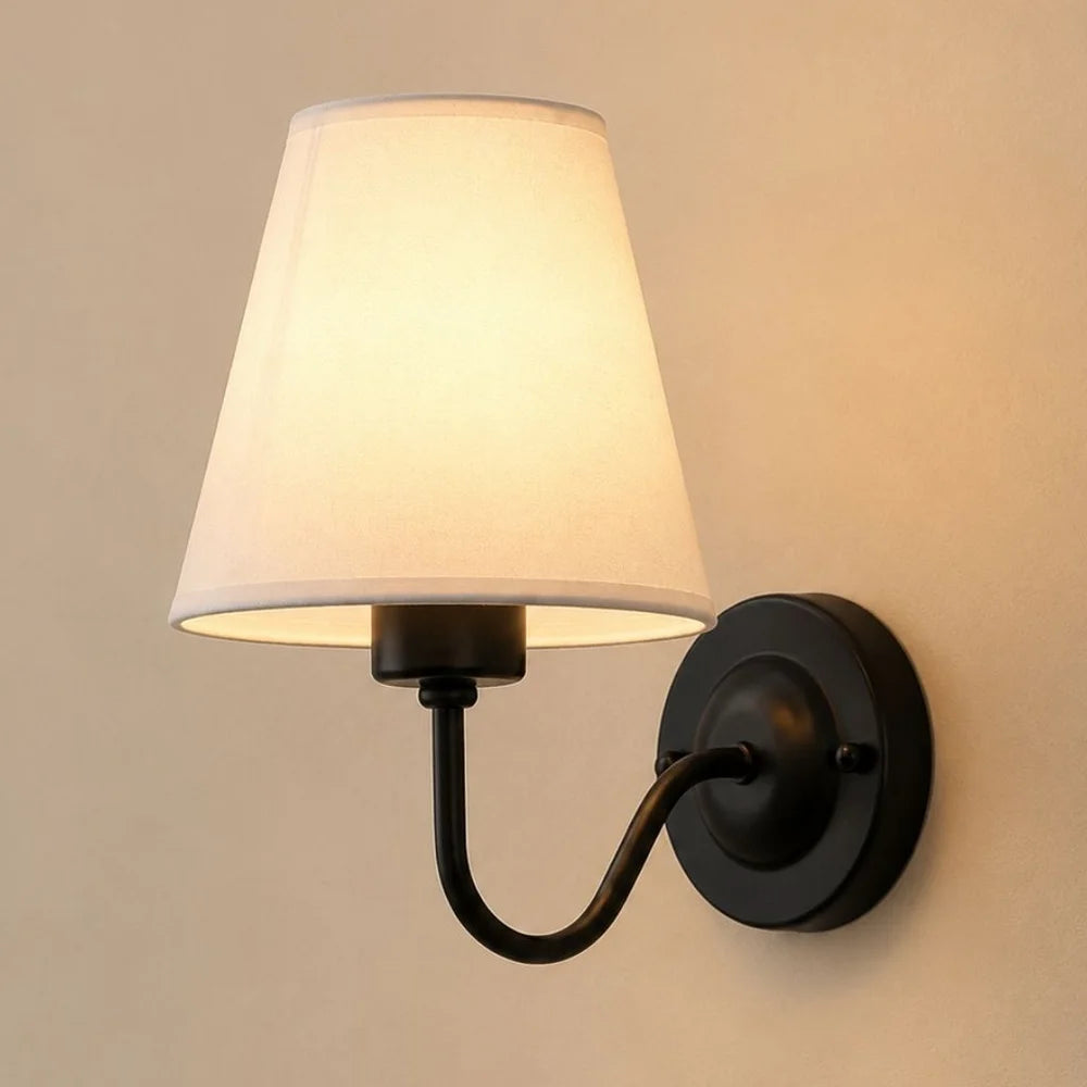 Vintage curved arm metal wall sconce with fabric conical shade – view 8