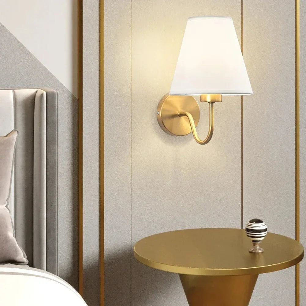 Vintage curved arm metal wall sconce with fabric conical shade – view 10