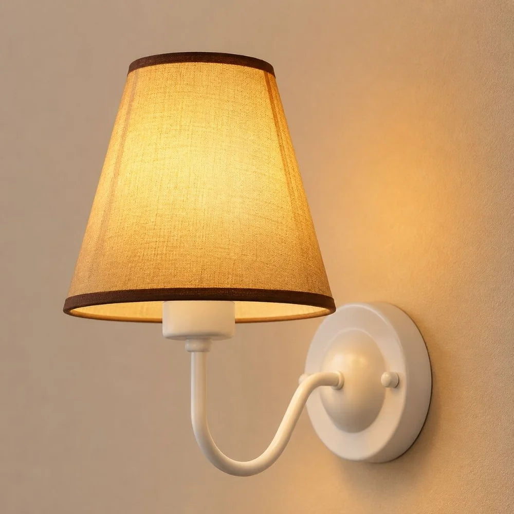 Vintage curved arm metal wall sconce with fabric conical shade – view 13