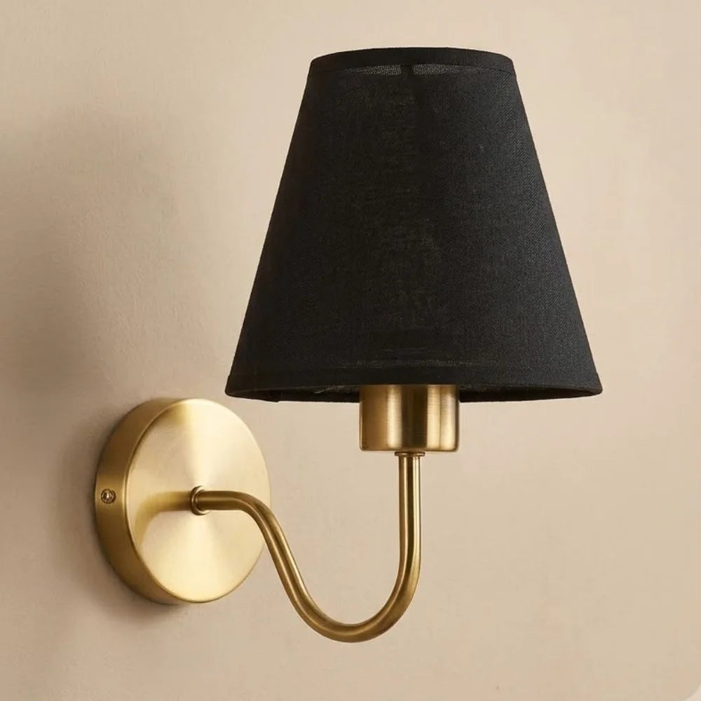 Vintage curved arm metal wall sconce with fabric conical shade – view 14