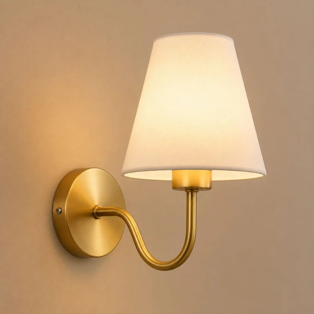 Vintage curved arm metal wall sconce with fabric conical shade – view 15