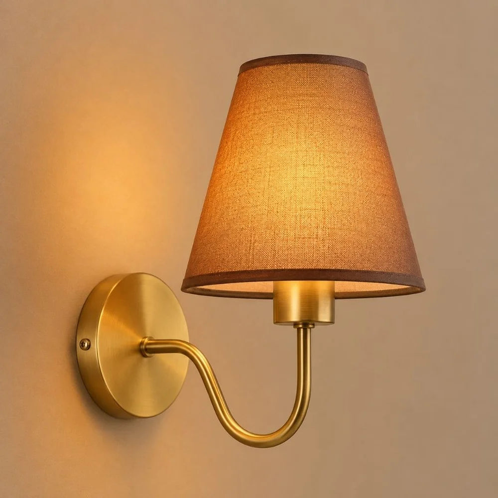 Vintage curved arm metal wall sconce with fabric conical shade – view 16