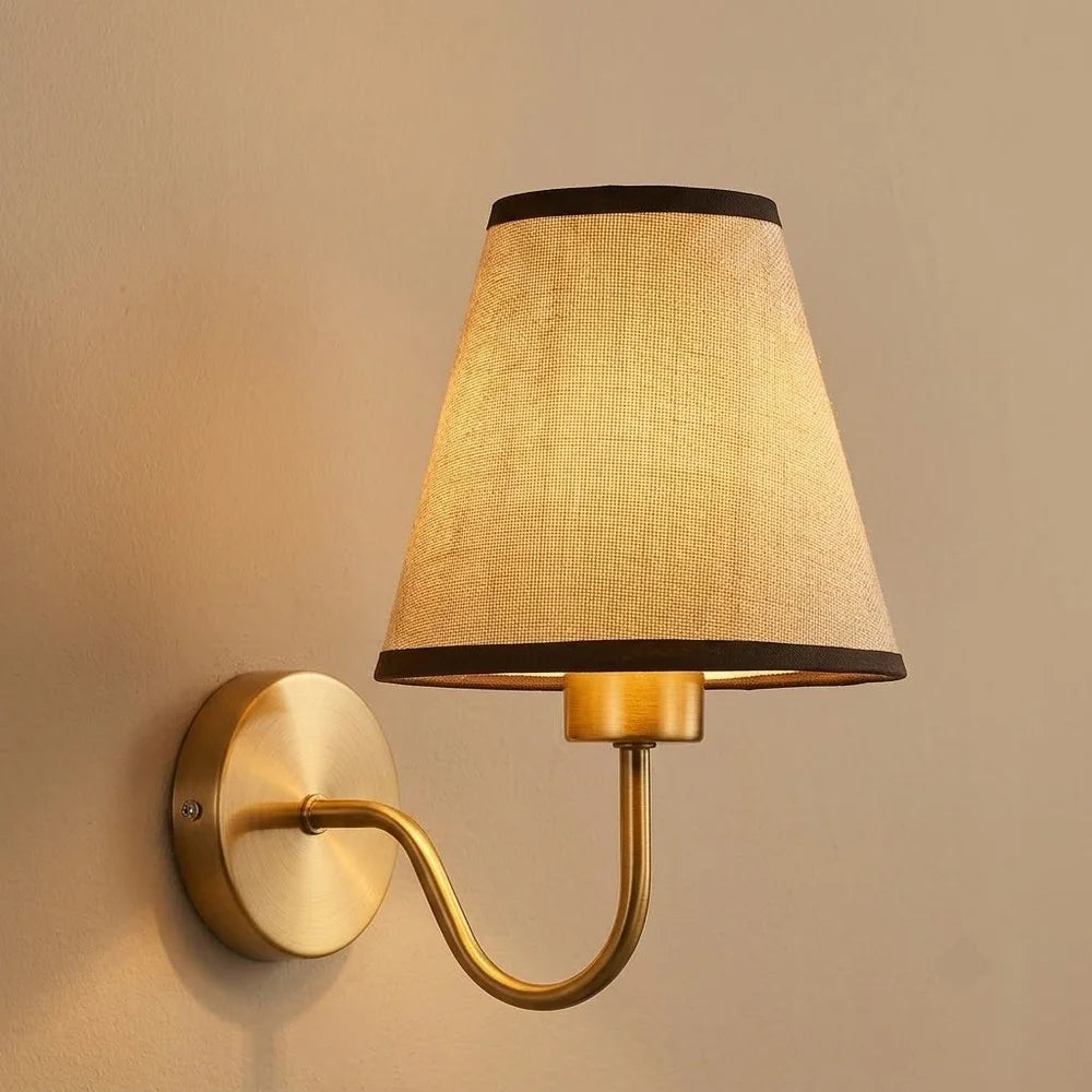 Vintage curved arm metal wall sconce with fabric conical shade – view 17