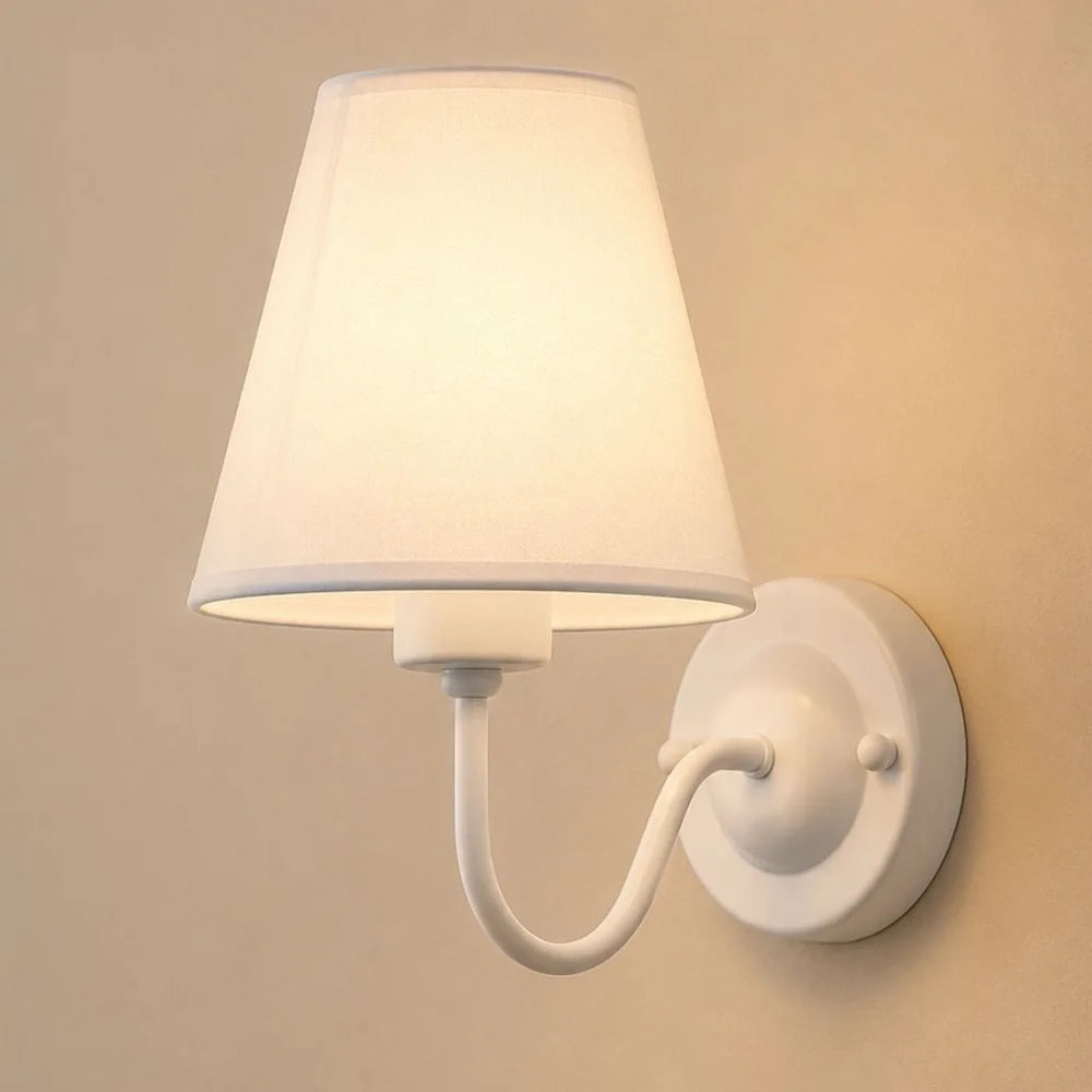 Vintage curved arm metal wall sconce with fabric conical shade – view 18
