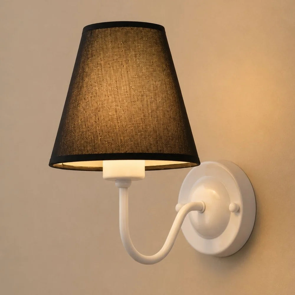 Vintage curved arm metal wall sconce with fabric conical shade – view 19