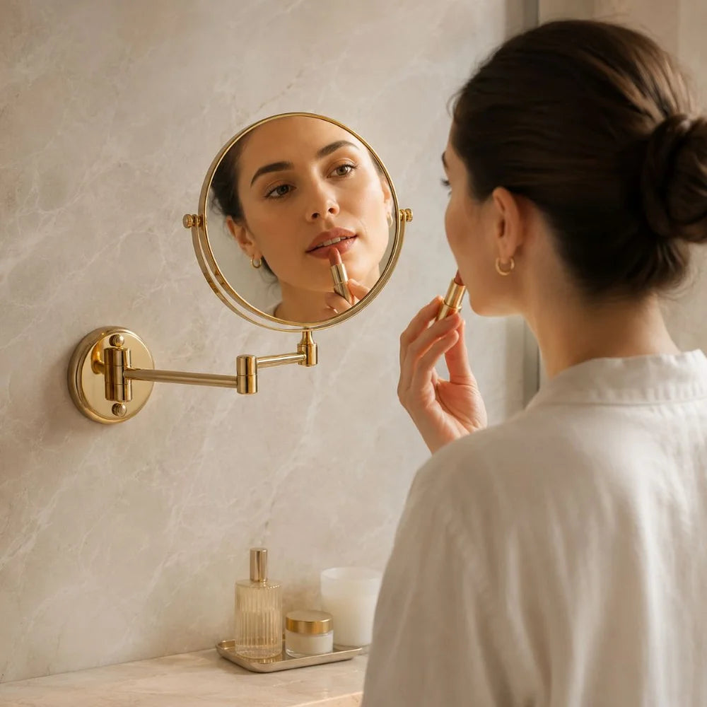 Wall mounted double sided makeup mirror extending folding dual-arm bracket – view 4