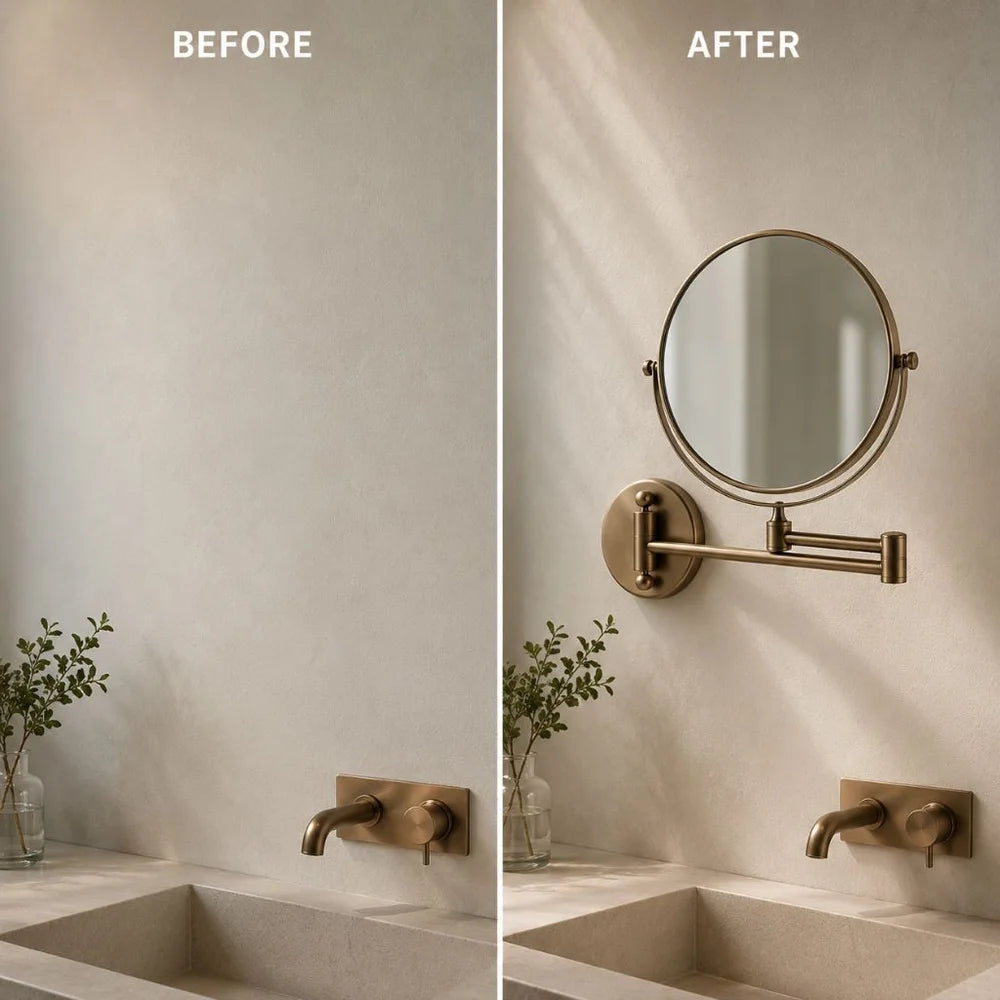 Wall mounted double sided makeup mirror extending folding dual-arm bracket – view 6