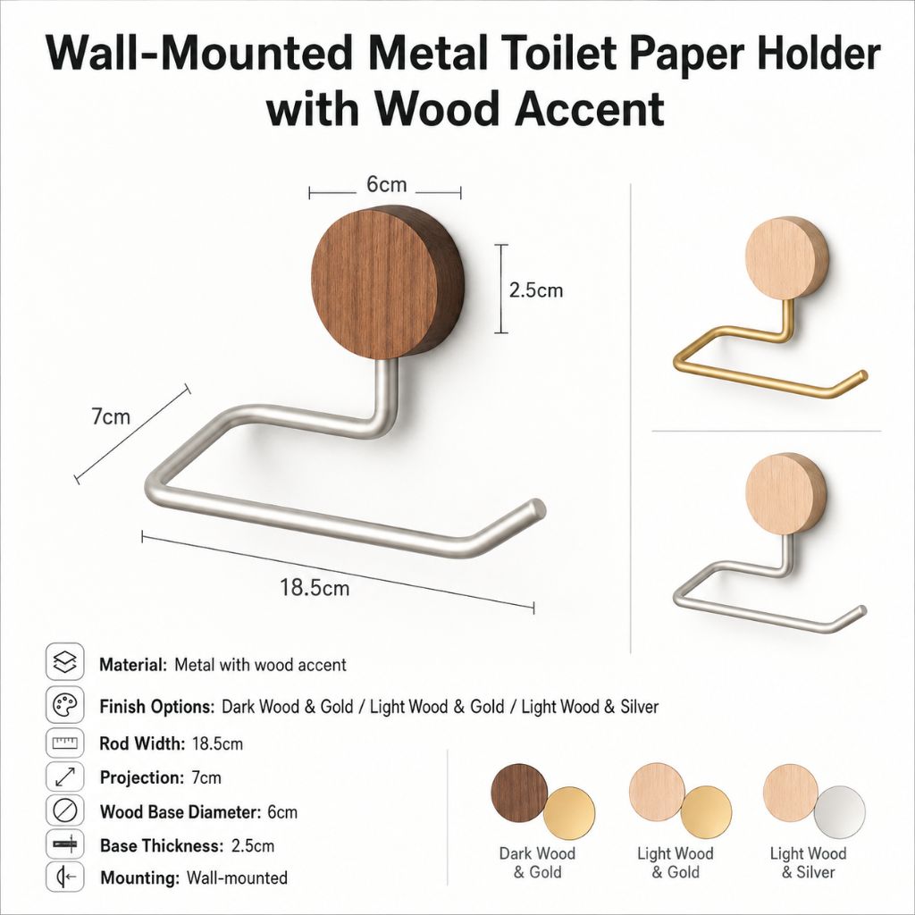 Wall-Mounted Metal Toilet Paper Holder with Wood Accent