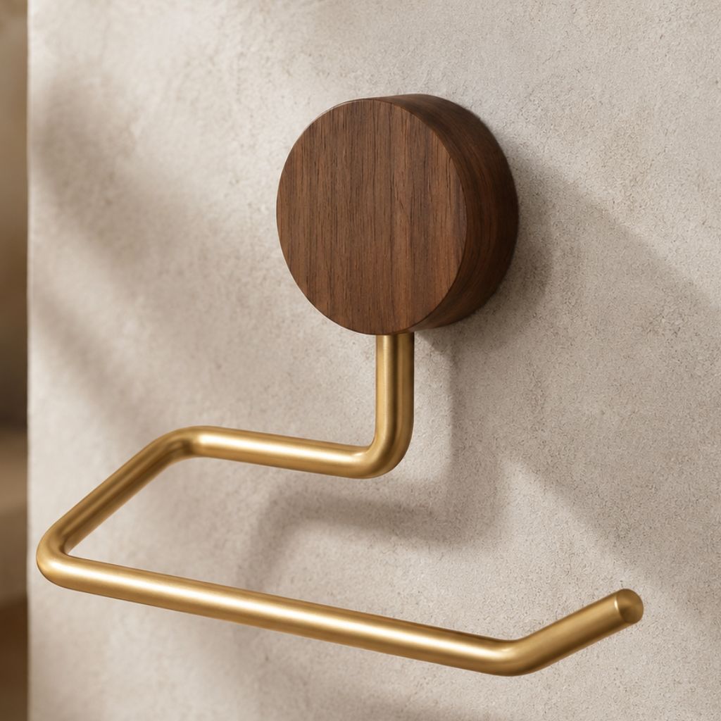Wall-Mounted Metal Toilet Paper Holder with Wood Accent