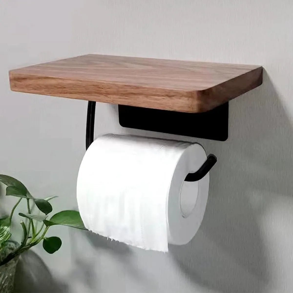 Wall - Mounted Walnut Toilet Paper Holder with Shelf - Lattea Global