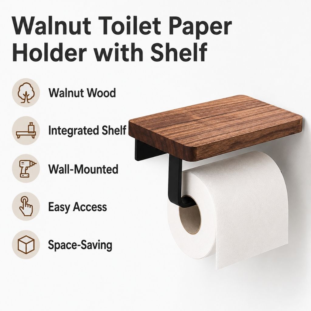 Wall-Mounted Walnut Toilet Paper Holder with Shelf