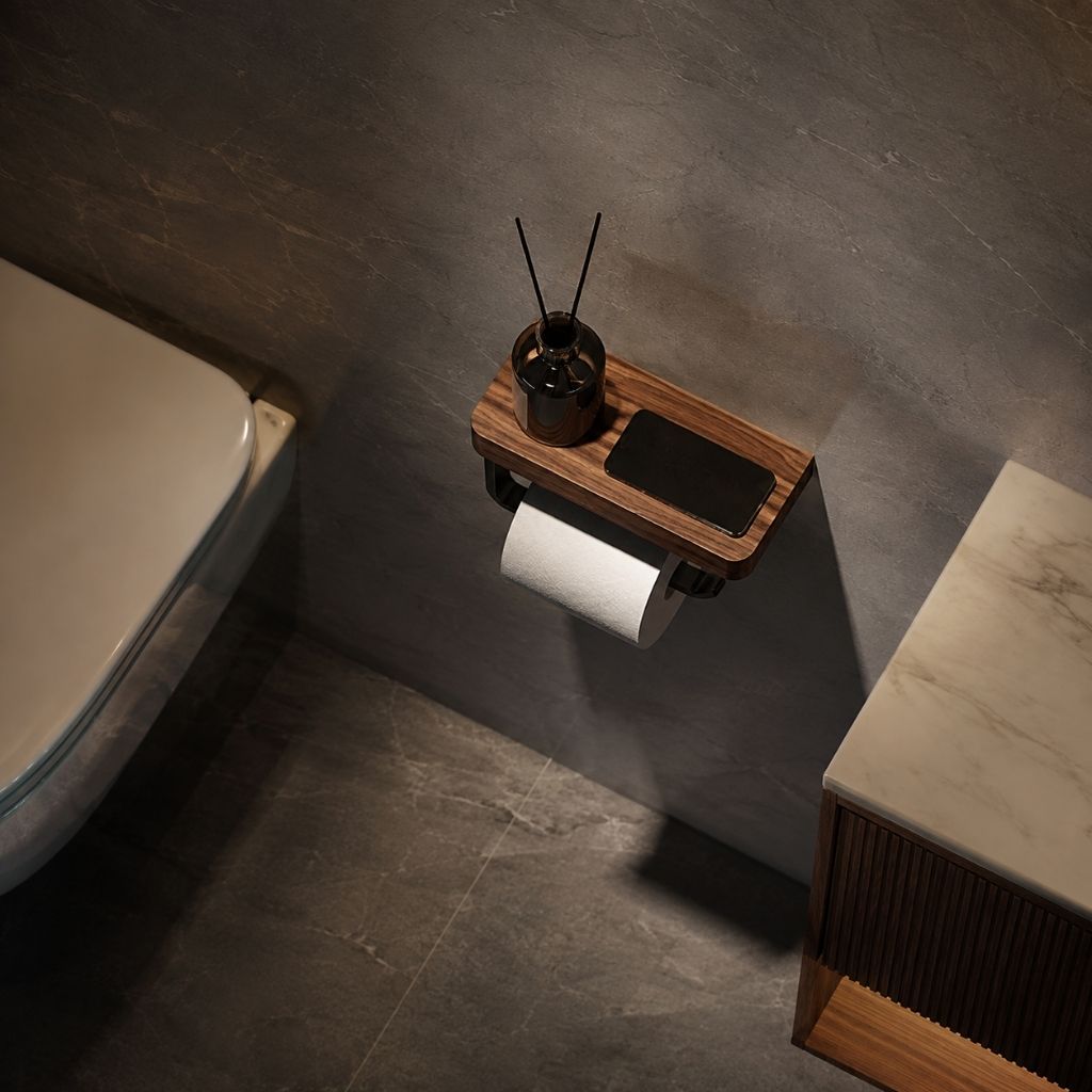 Wall-Mounted Walnut Toilet Paper Holder with Shelf