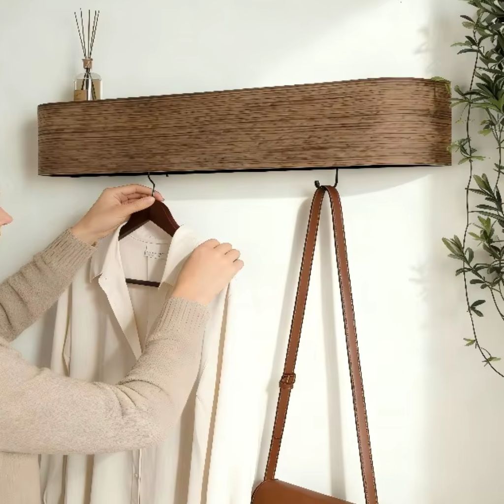 Walnut Wood Wall Hanger with Shelf 5 Hooks