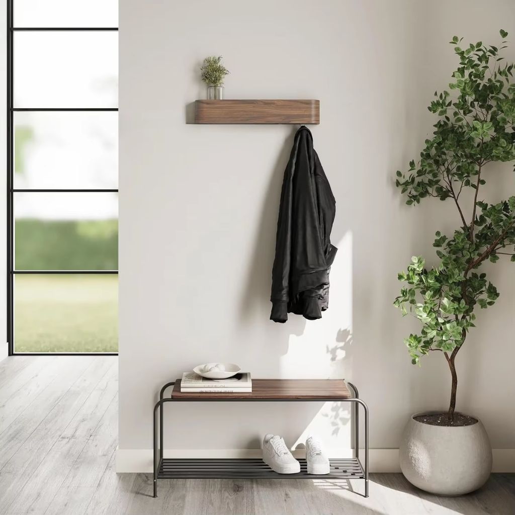 Walnut Wood Wall Hanger with Shelf 5 Hooks
