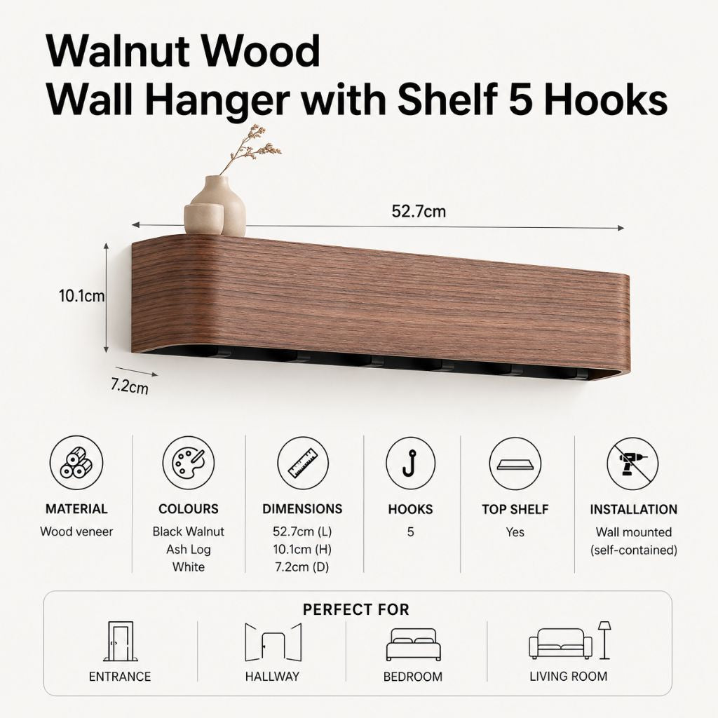 Walnut Wood Wall Hanger with Shelf 5 Hooks