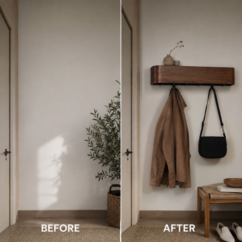 Walnut Wood Wall Hanger with Shelf 5 Hooks