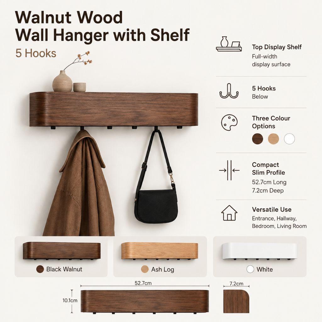 Walnut Wood Wall Hanger with Shelf 5 Hooks