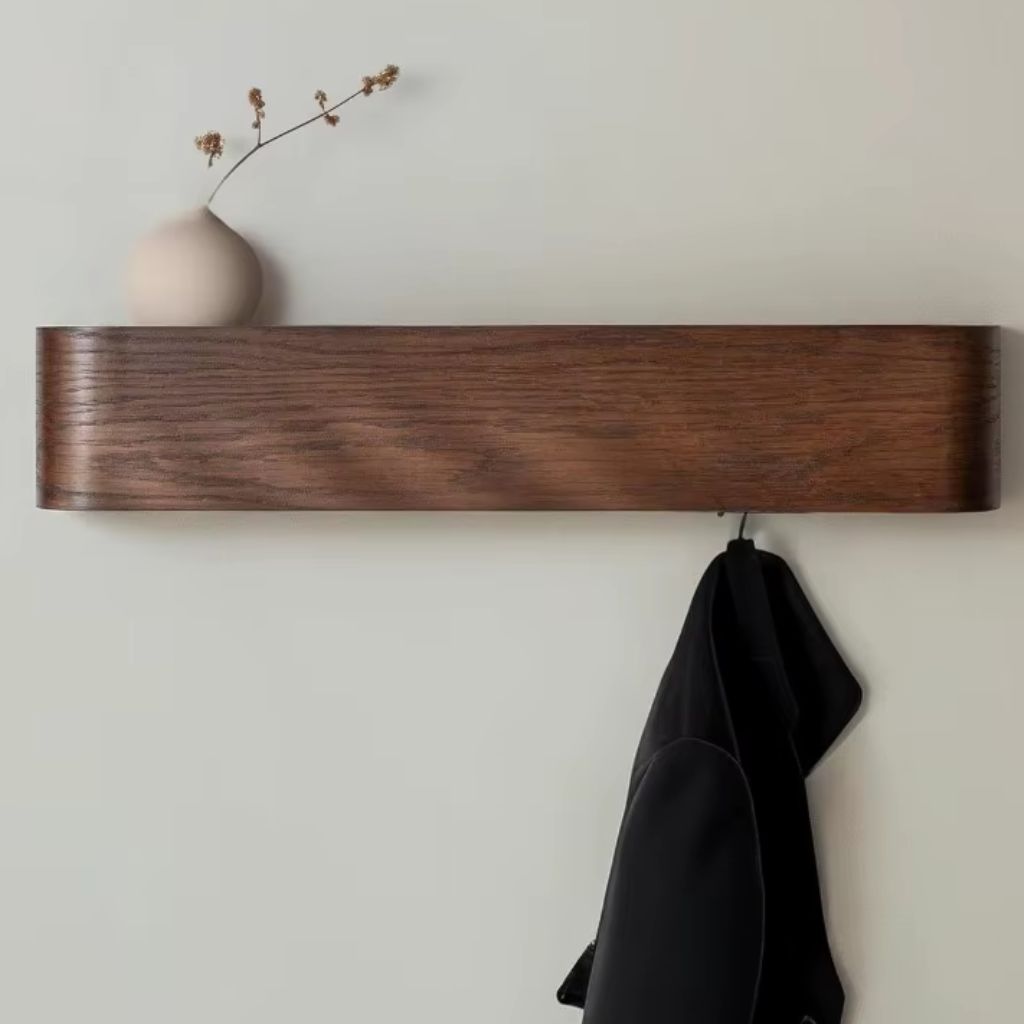 Walnut Wood Wall Hanger with Shelf 5 Hooks