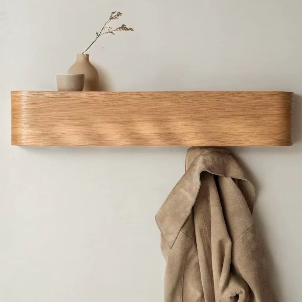 Walnut Wood Wall Hanger with Shelf 5 Hooks