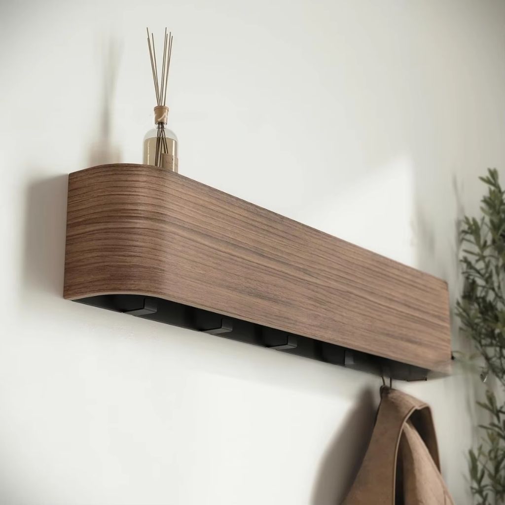Walnut Wood Wall Hanger with Shelf 5 Hooks