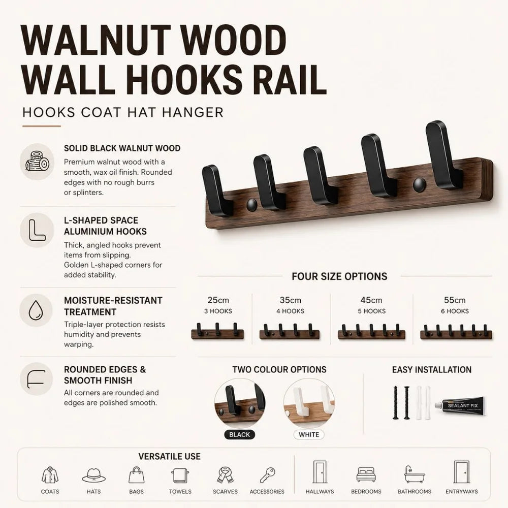 Walnut wood wall hooks rail - hooks coat hat hanger - view 3