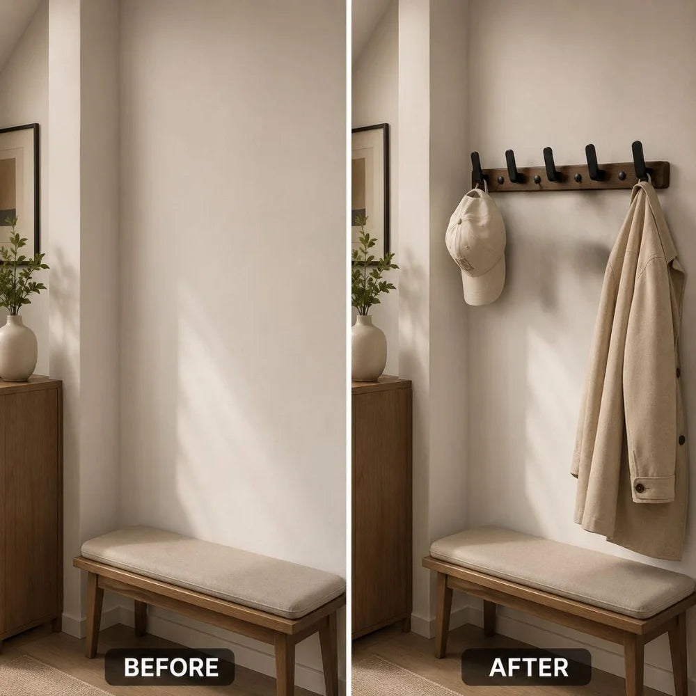 Walnut wood wall hooks rail - hooks coat hat hanger - view 6
