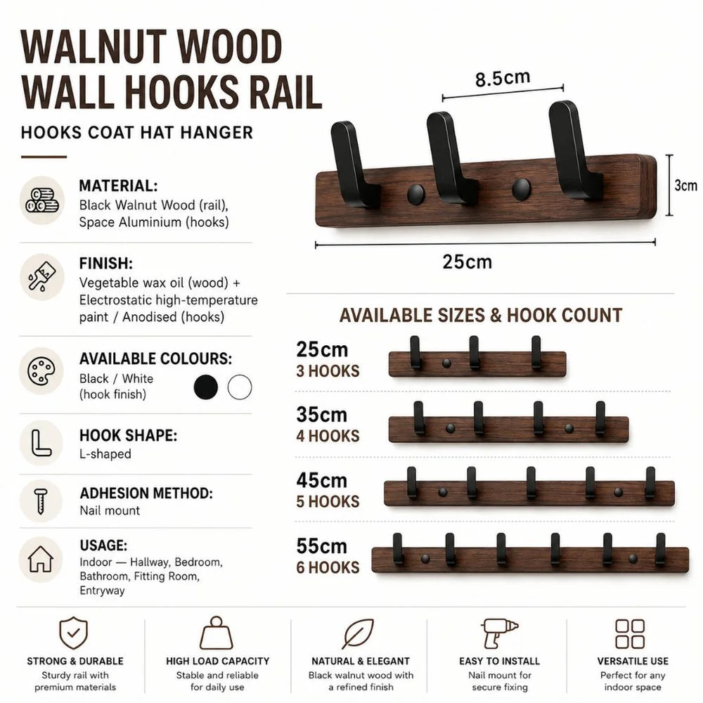 Walnut wood wall hooks rail - hooks coat hat hanger - view 18