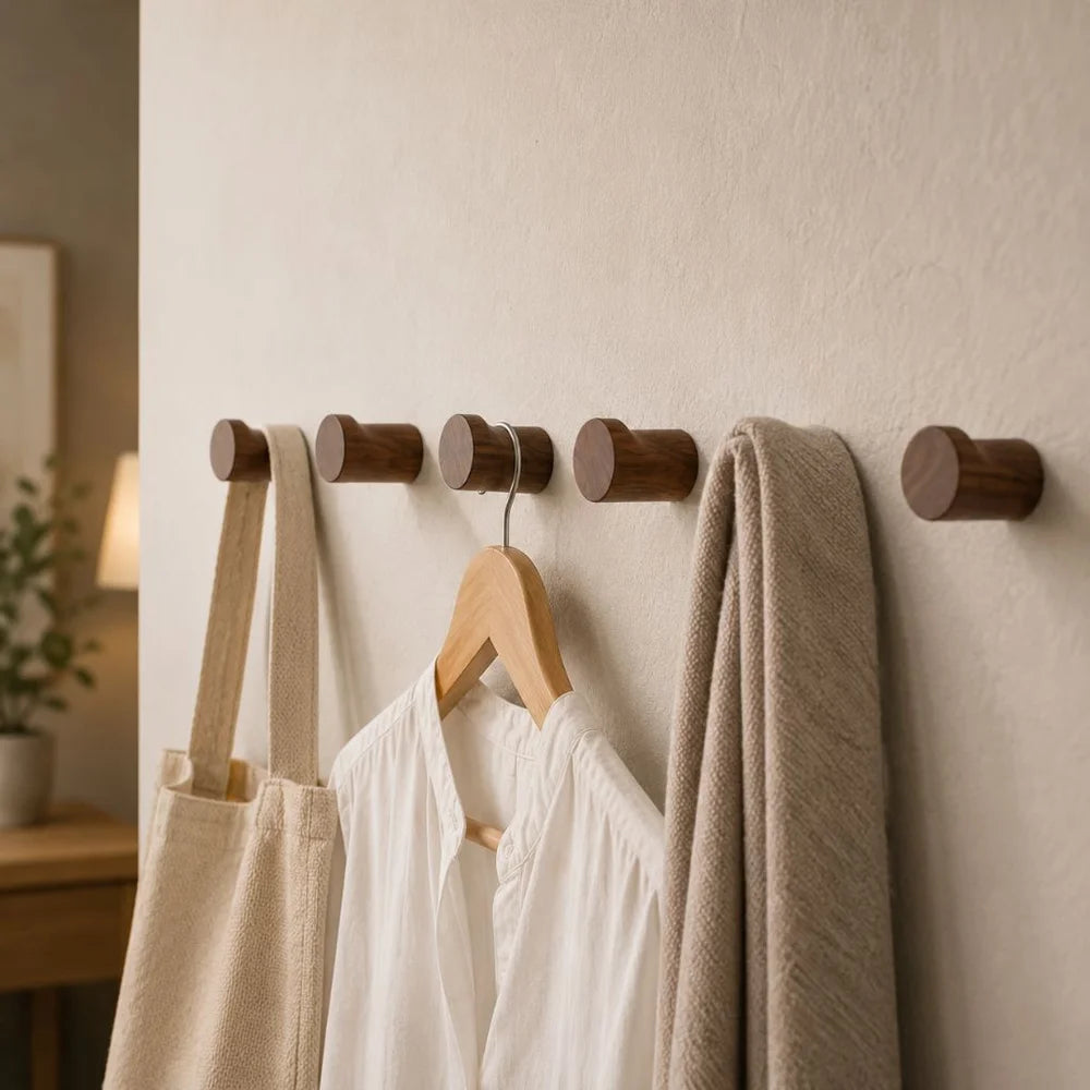 Walnut wood wall hooks set handcrafted anti-slip