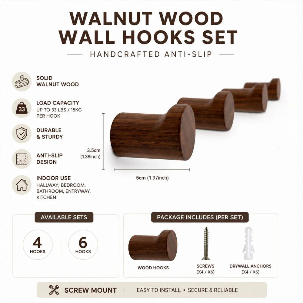 Walnut wood wall hooks set handcrafted anti-slip - view 11