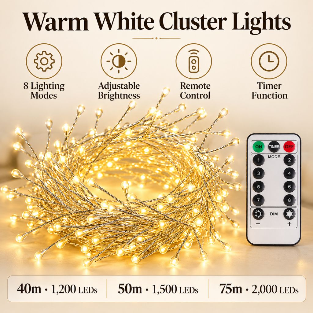 Warm White LED Cluster String Lights with Remote Control