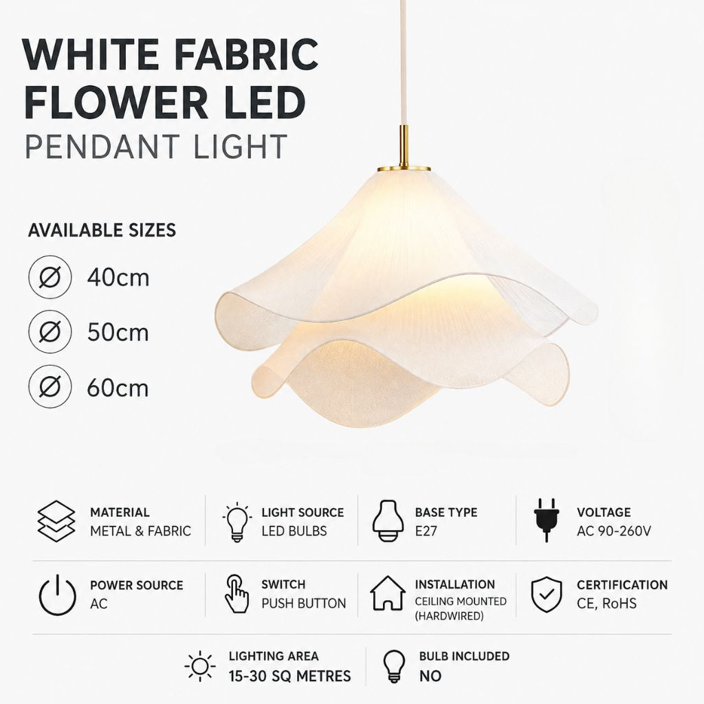 White Fabric Flower LED Pendant Light