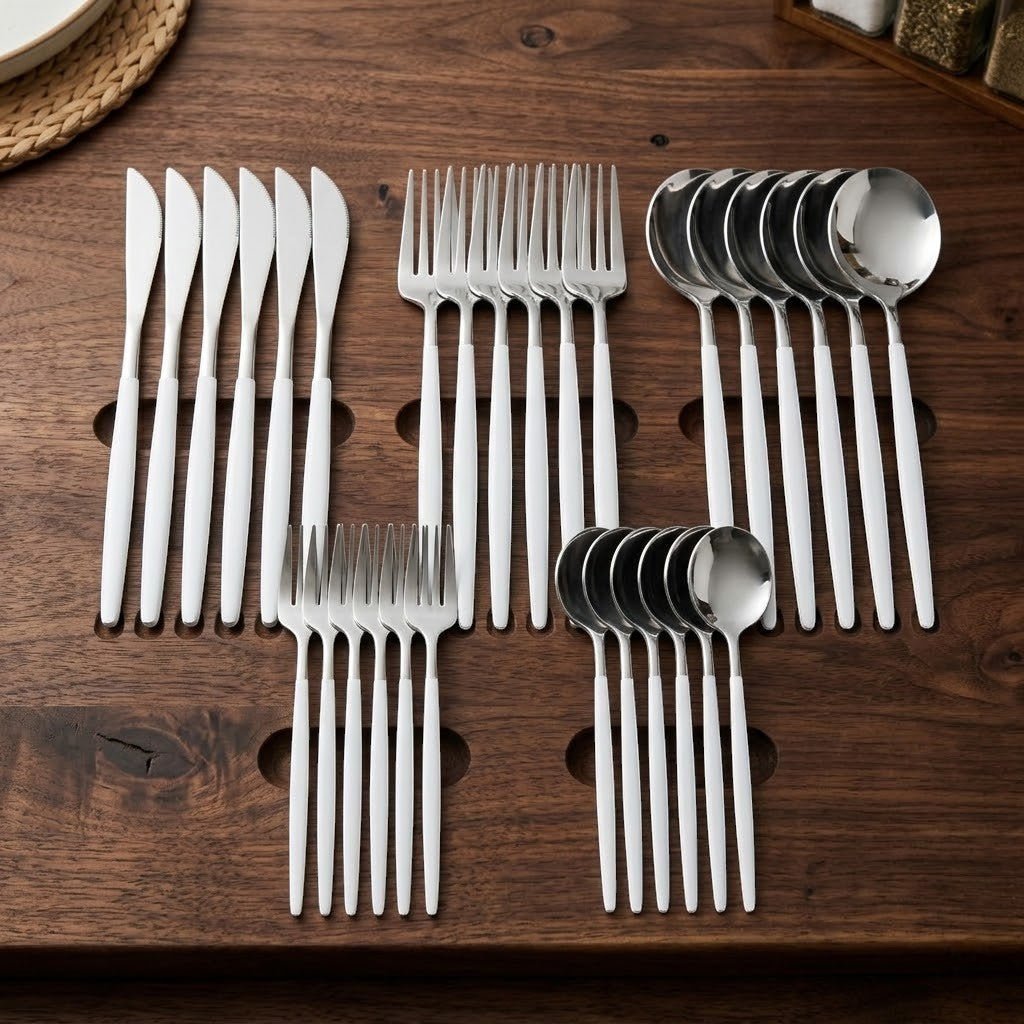 White Silver Cutlery Set - 30 Piece Flatware - Lattea Global