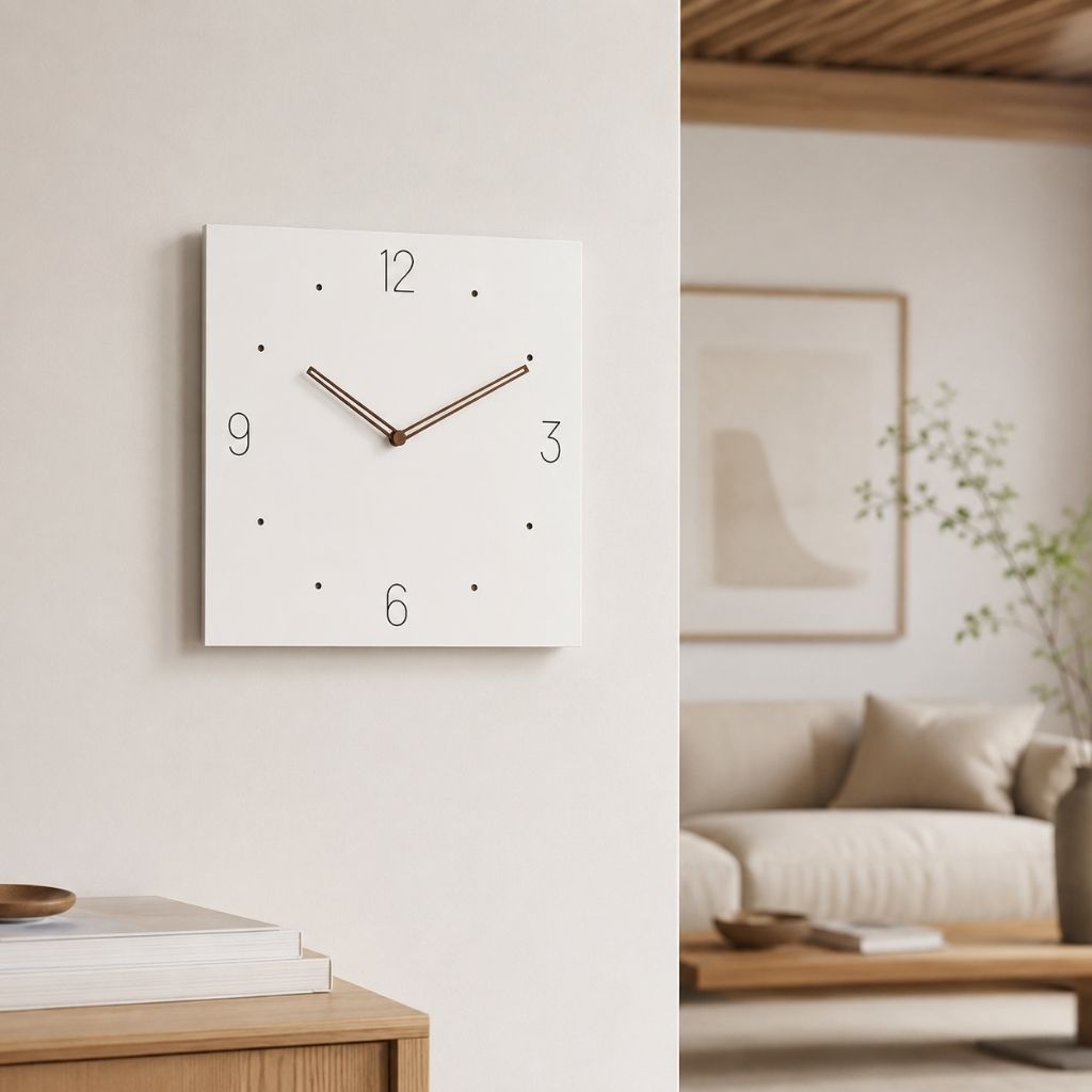 White Square Wall Clock with Walnut Hands