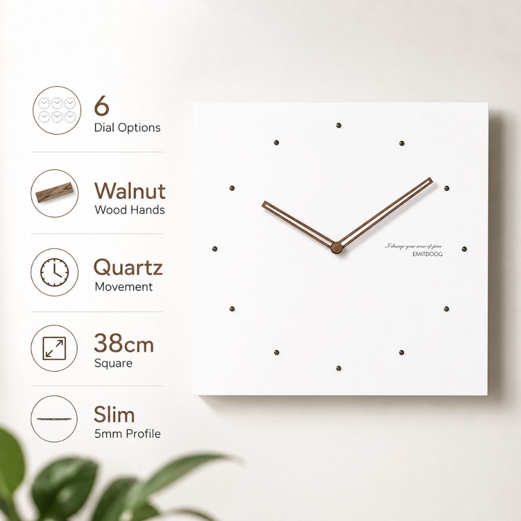 White Square Wall Clock with Walnut Hands
