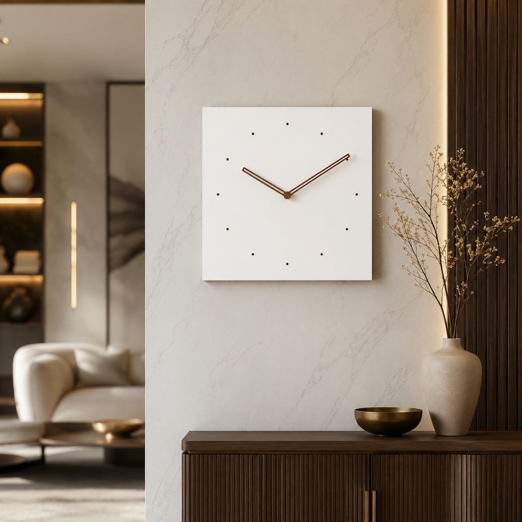 White Square Wall Clock with Walnut Hands
