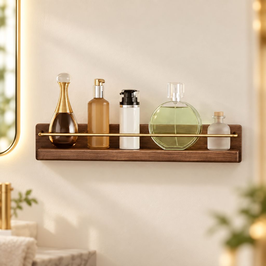 Wood and Brass Bathroom Wall Shelf with Towel Rail