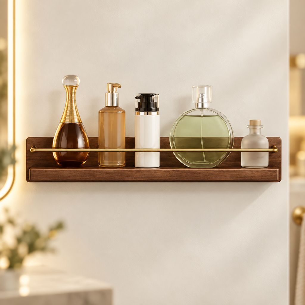 Wood and Brass Bathroom Wall Shelf with Towel Rail