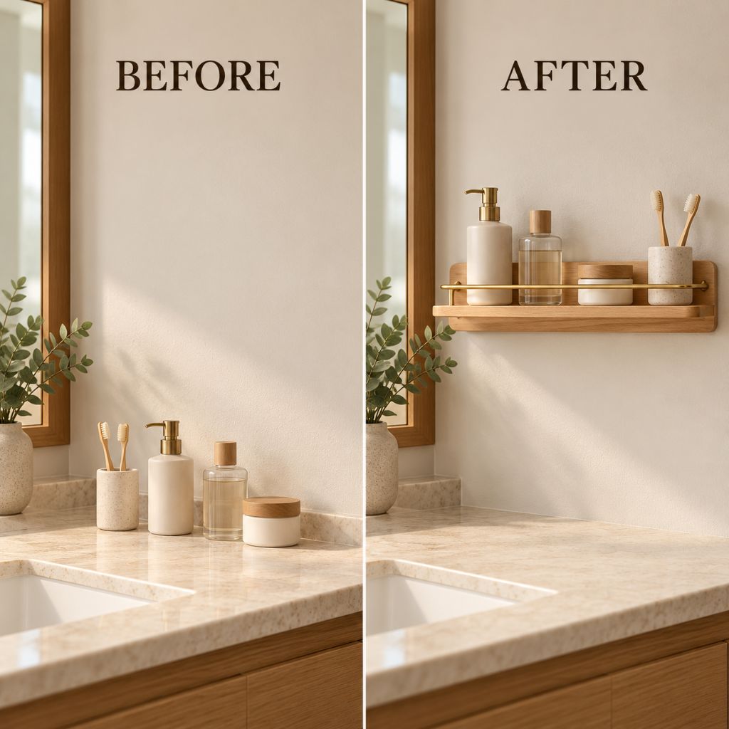 Wood and Brass Bathroom Wall Shelf with Towel Rail